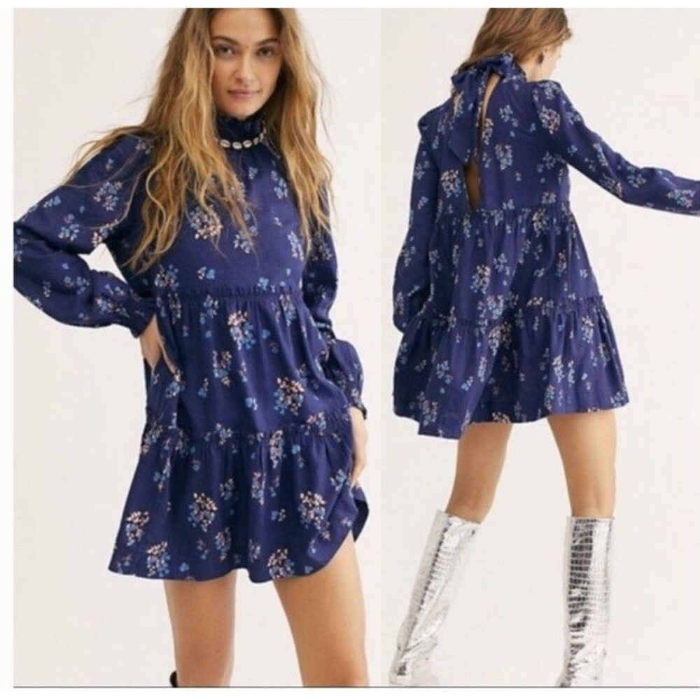 Free People Petite Fours Smock Neck Mini Dress Indigo Linen Floral Tiered SZ S